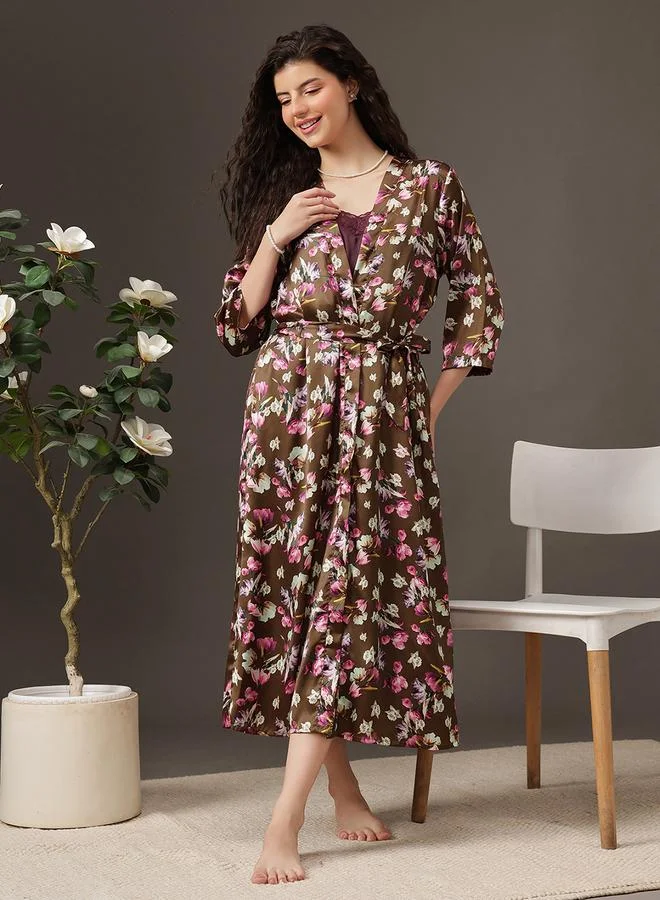 Clovia Women Purple Satin Nightdress and Robe Set